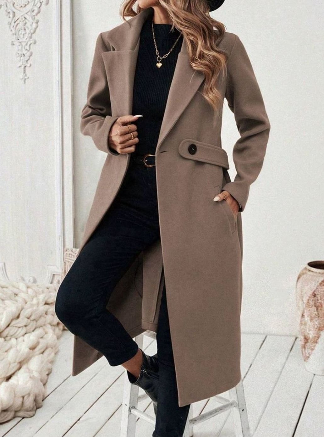 Belted Long Wool Coat with Wide Collar and Side Pockets