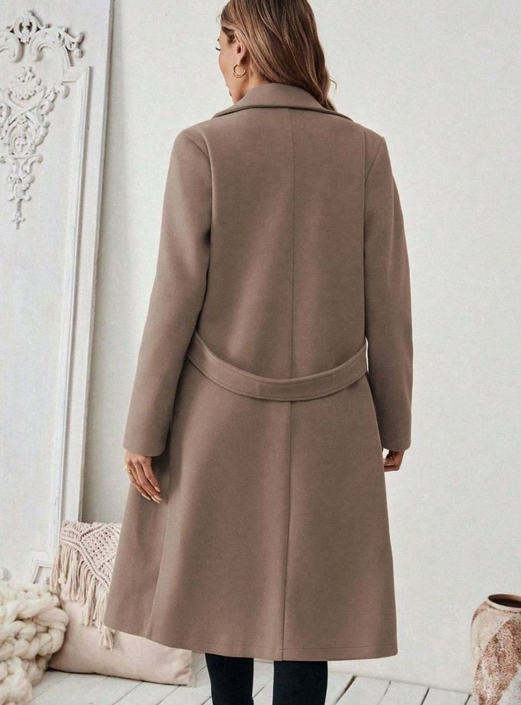 Belted Long Wool Coat with Wide Collar and Side Pockets