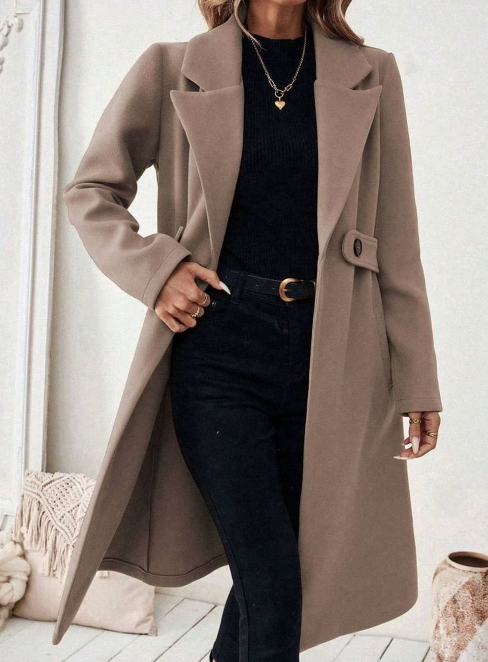 Belted Long Wool Coat with Wide Collar and Side Pockets