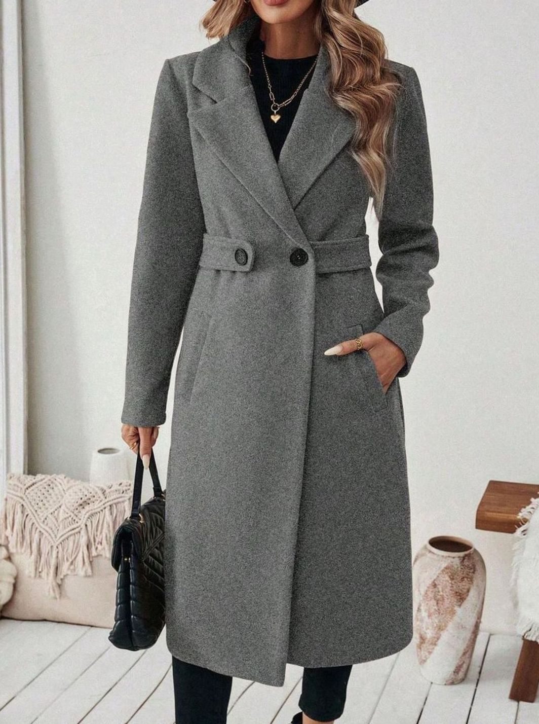 Belted Long Wool Coat with Wide Collar and Side Pockets