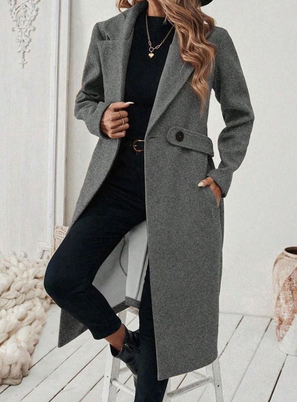 Belted Long Wool Coat with Wide Collar and Side Pockets