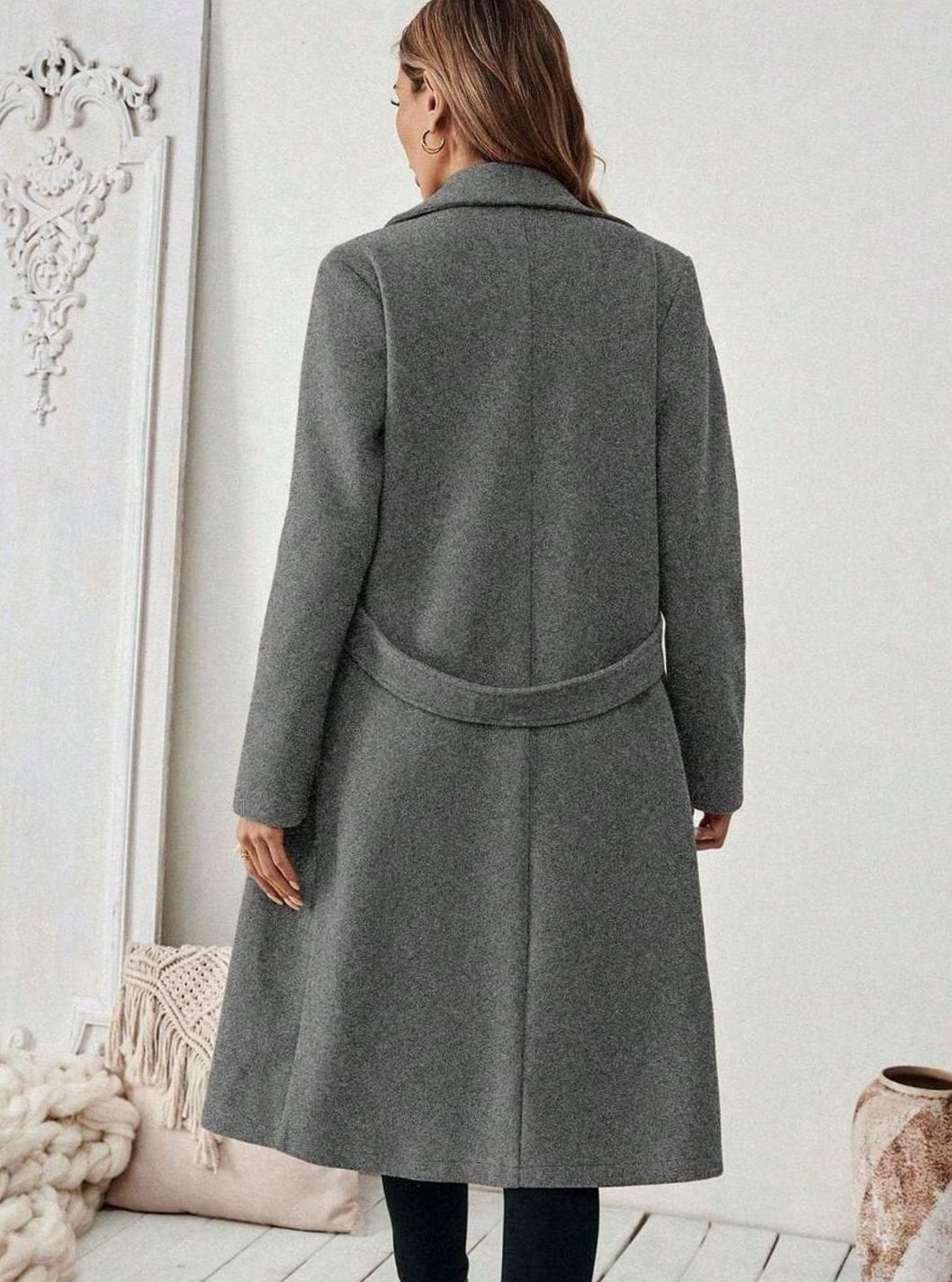 Belted Long Wool Coat with Wide Collar and Side Pockets