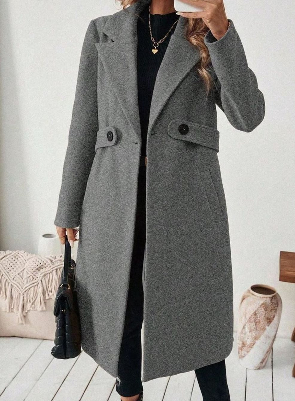 Belted Long Wool Coat with Wide Collar and Side Pockets