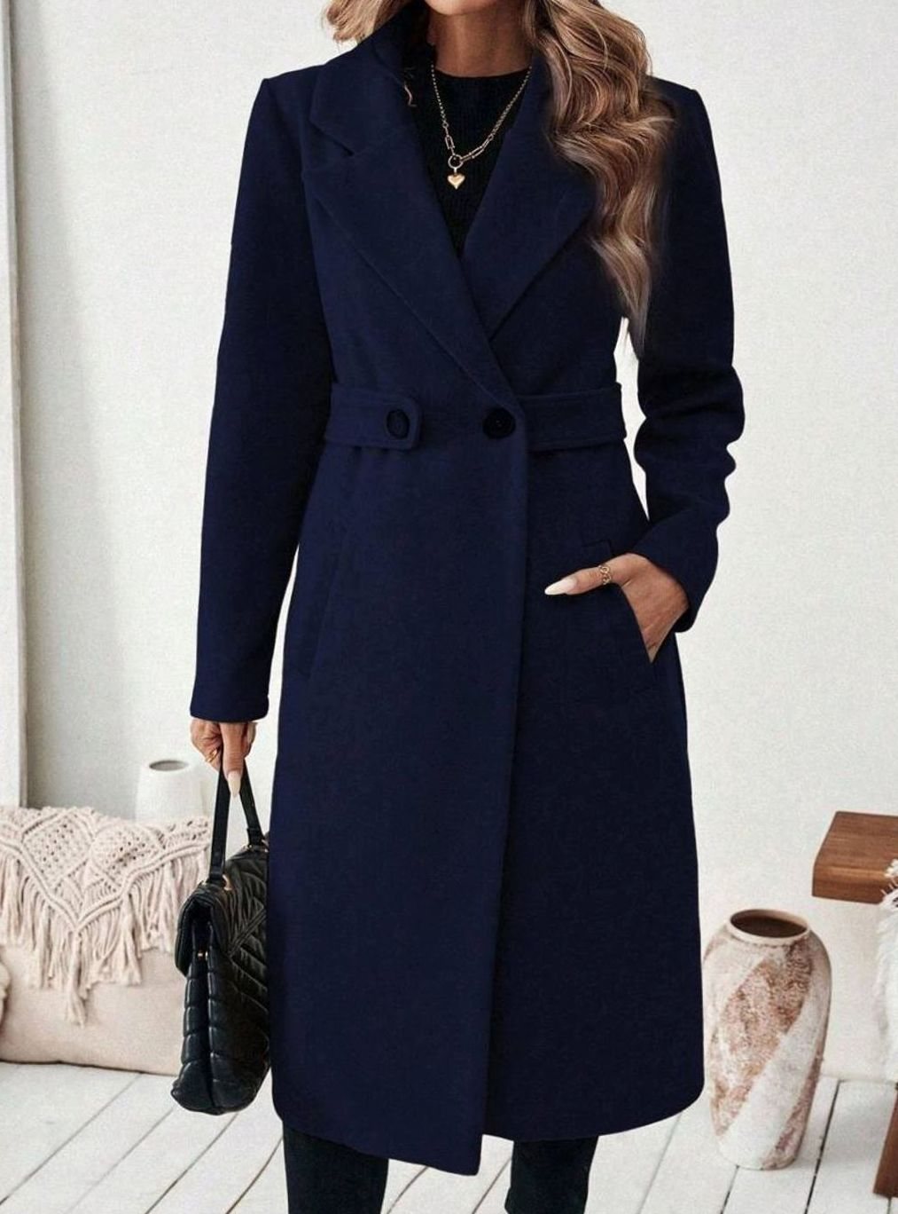 Belted Long Wool Coat with Wide Collar and Side Pockets
