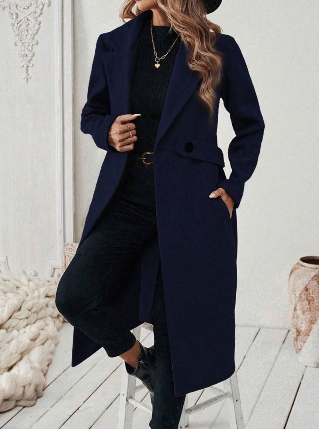Belted Long Wool Coat with Wide Collar and Side Pockets