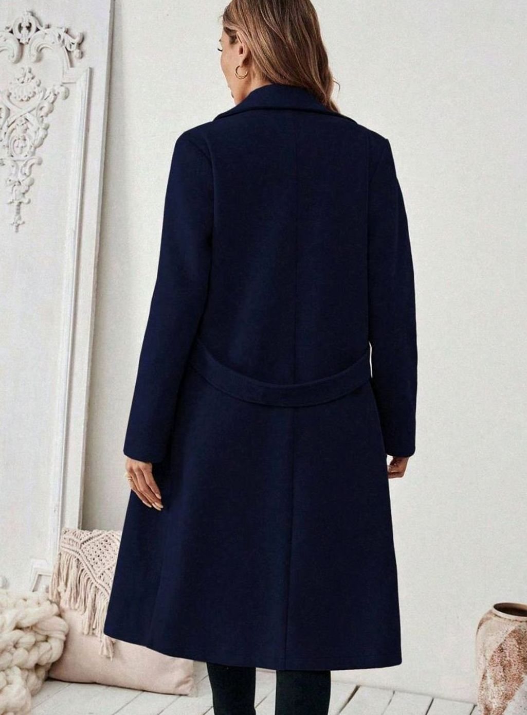 Belted Long Wool Coat with Wide Collar and Side Pockets