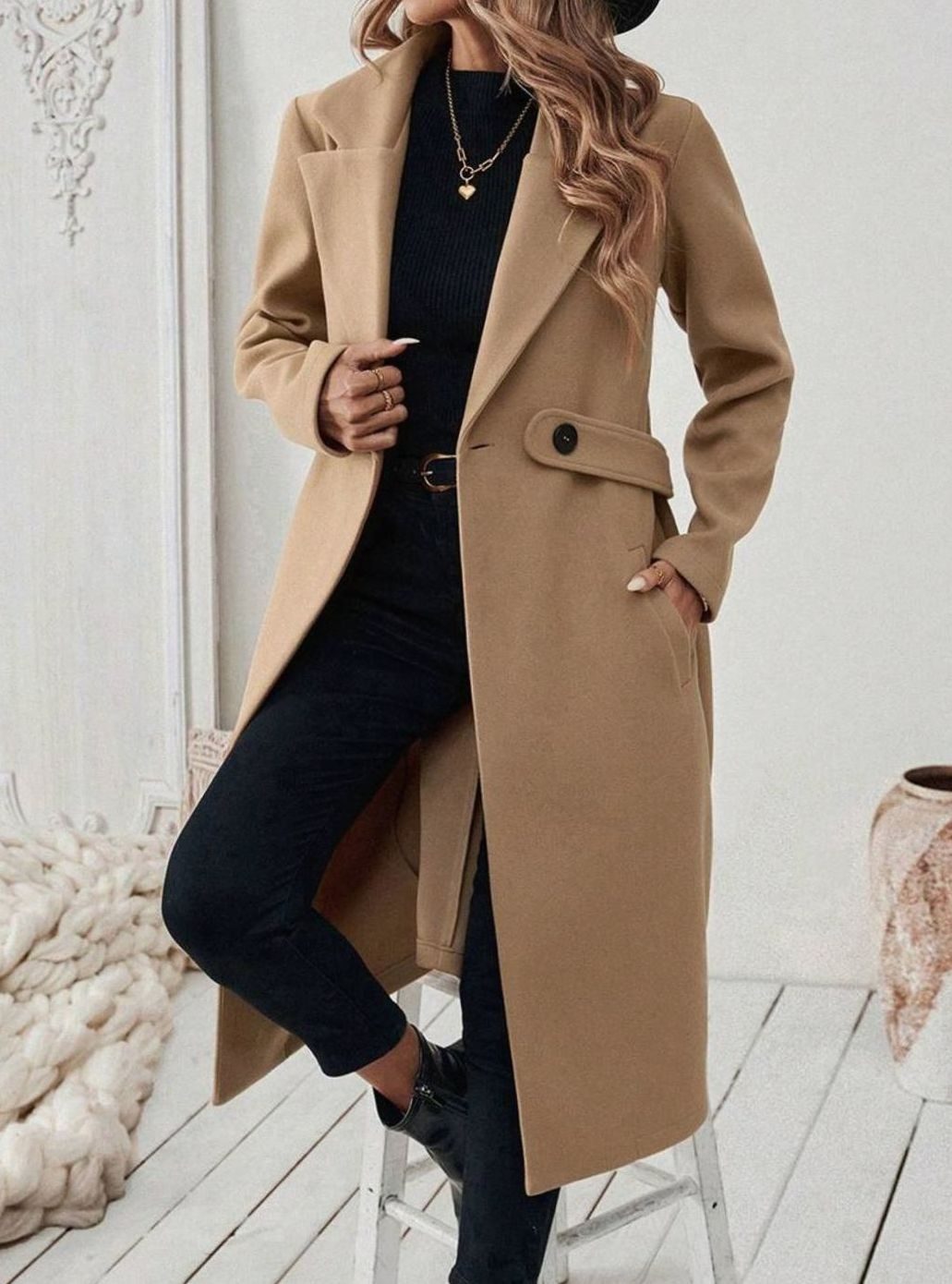 Belted Long Wool Coat with Wide Collar and Side Pockets