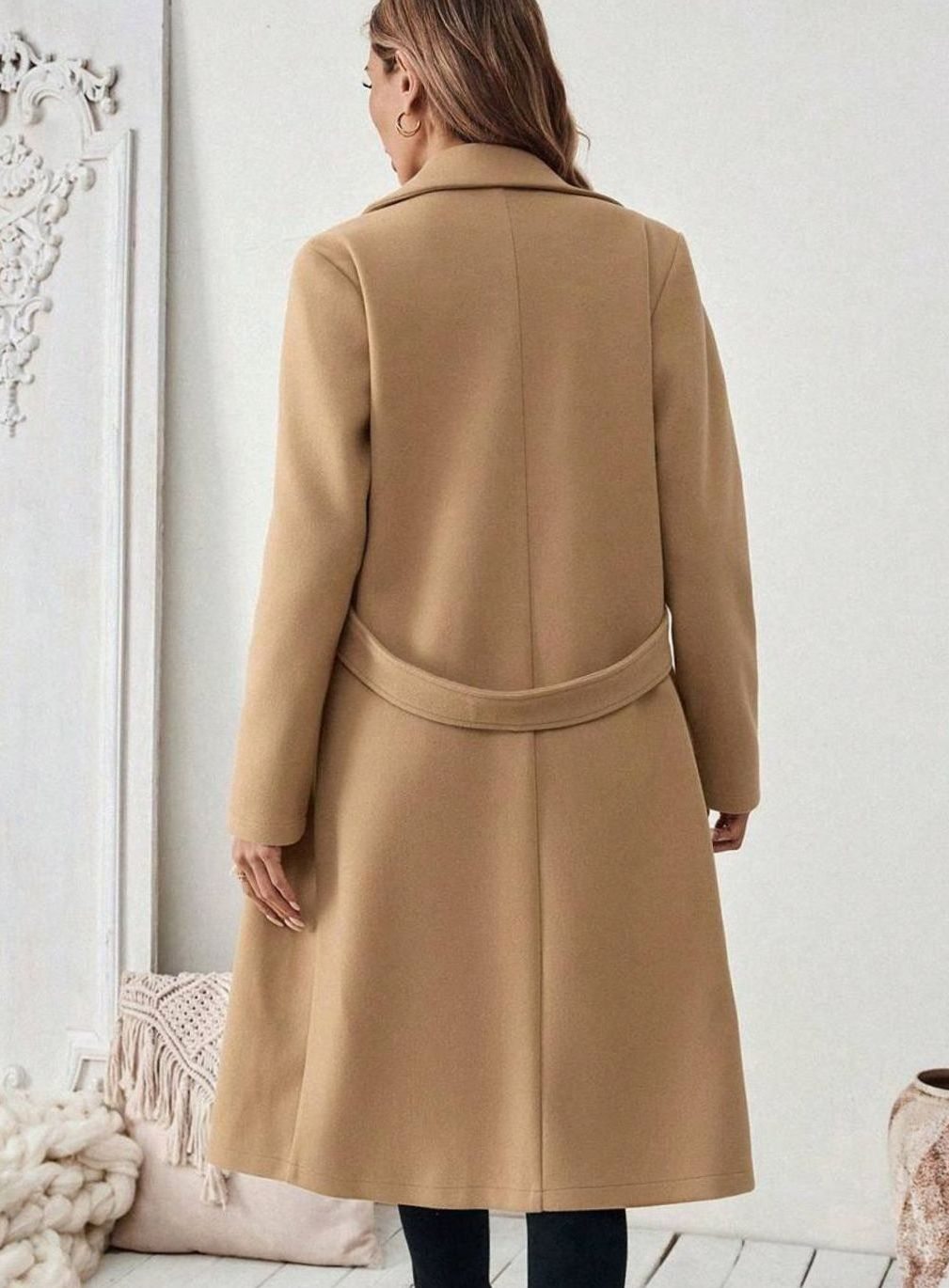 Belted Long Wool Coat with Wide Collar and Side Pockets