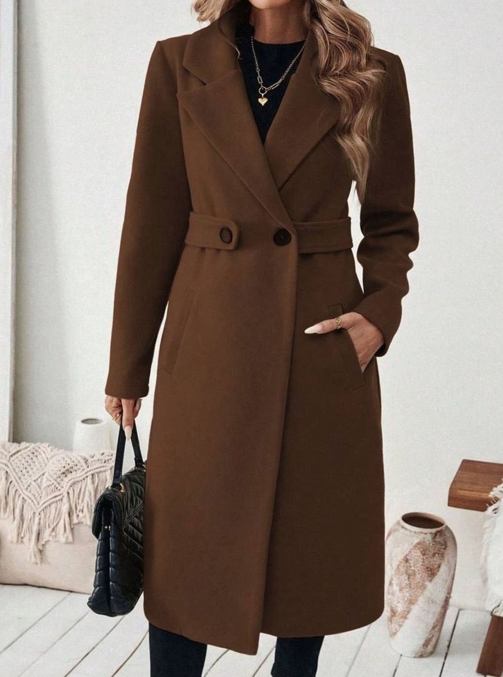Belted Long Wool Coat with Wide Collar and Side Pockets