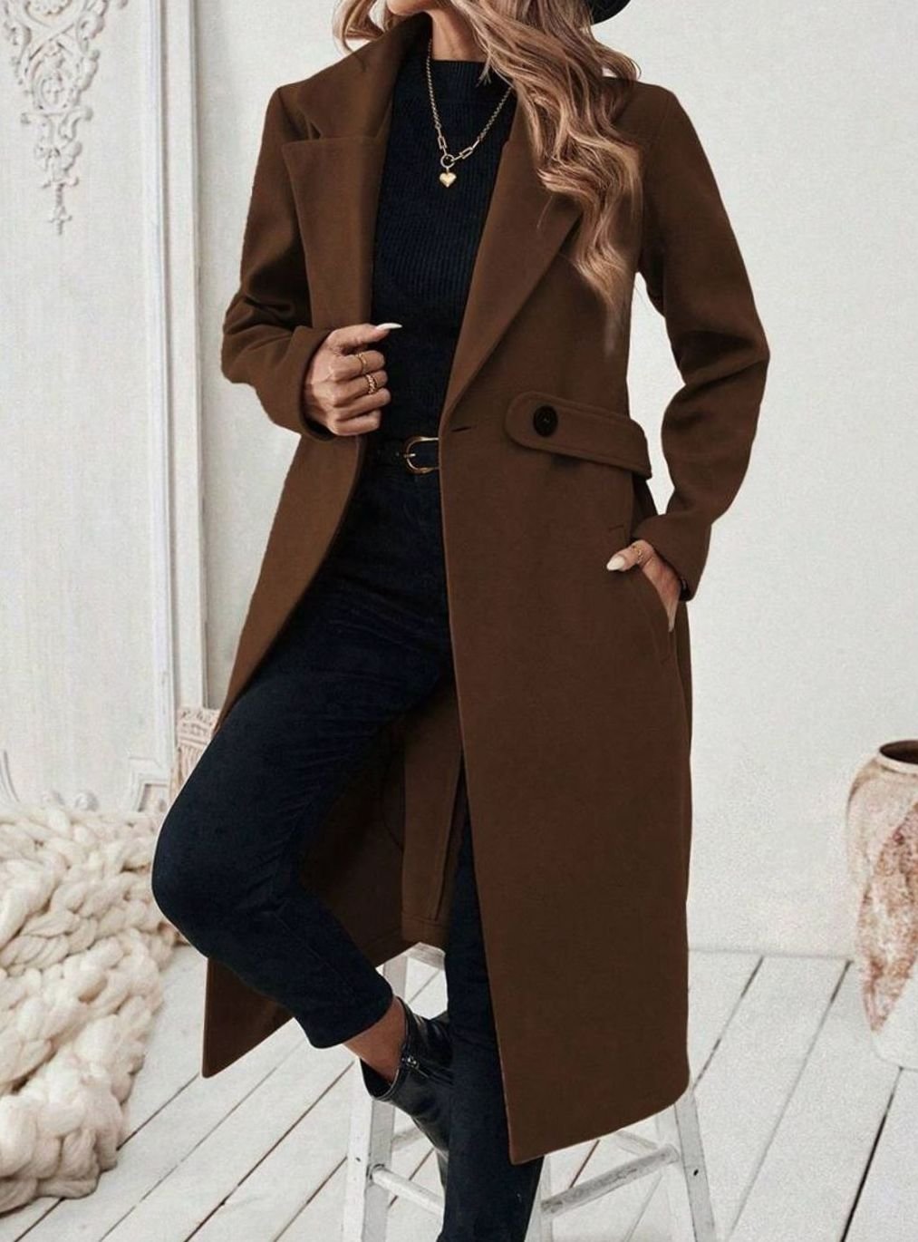 Belted Long Wool Coat with Wide Collar and Side Pockets