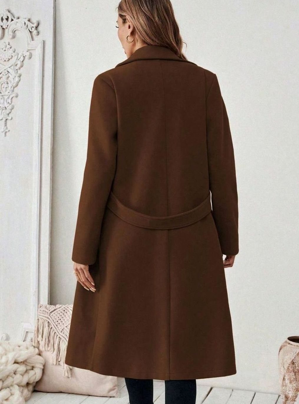 Belted Long Wool Coat with Wide Collar and Side Pockets