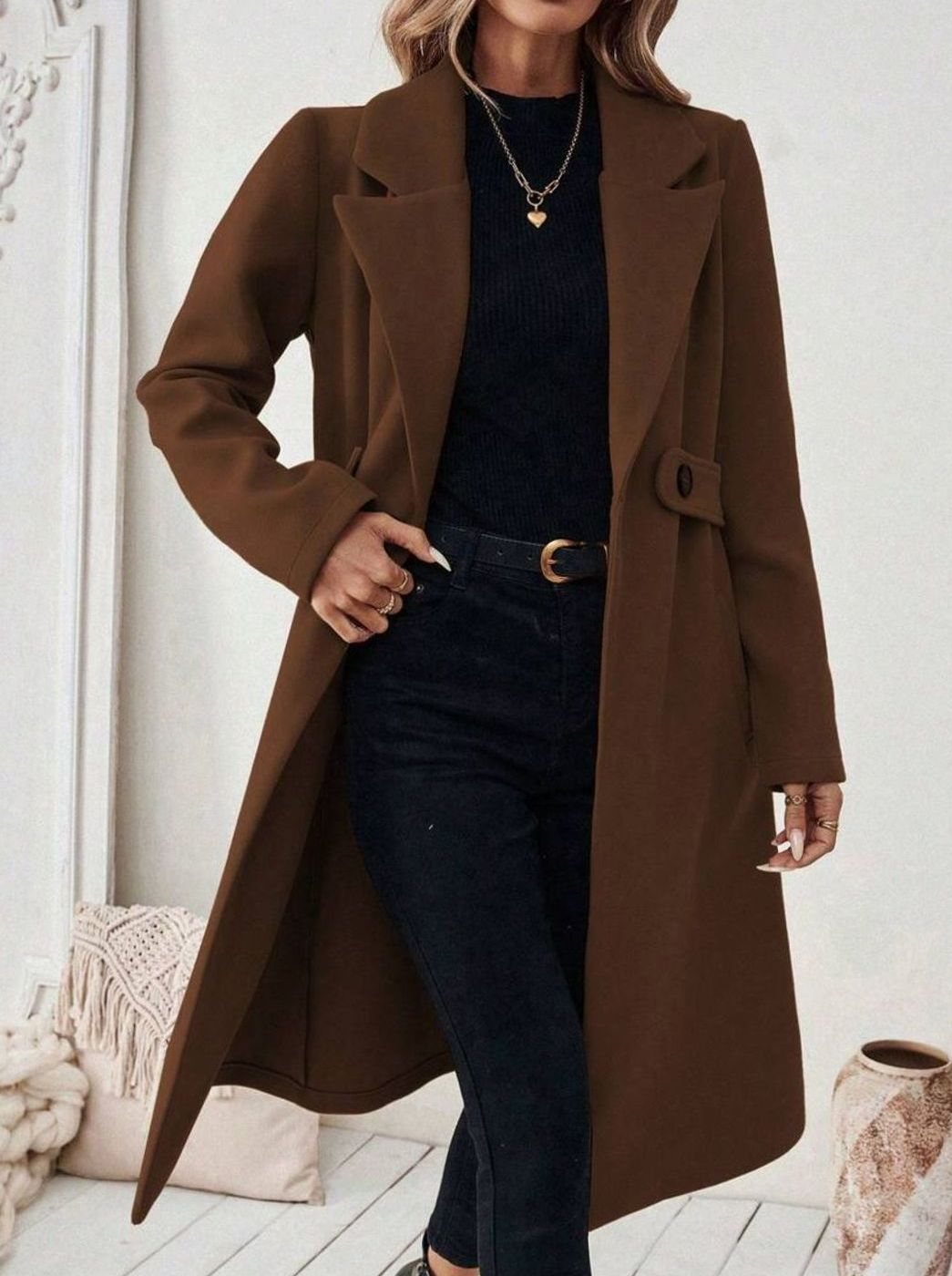 Belted Long Wool Coat with Wide Collar and Side Pockets