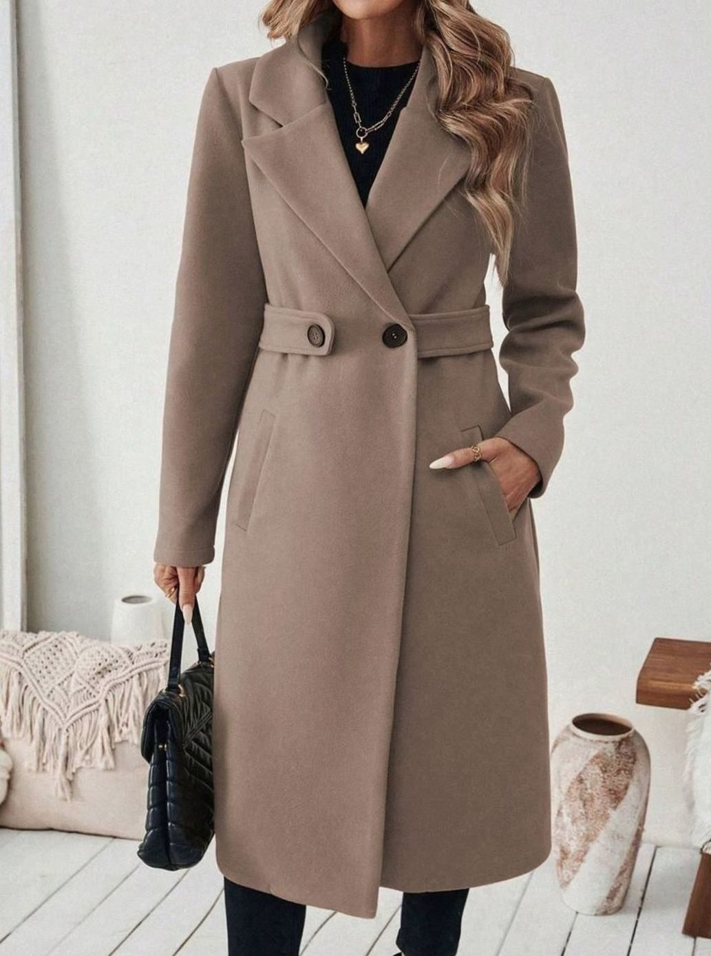 Belted Long Wool Coat with Wide Collar and Side Pockets