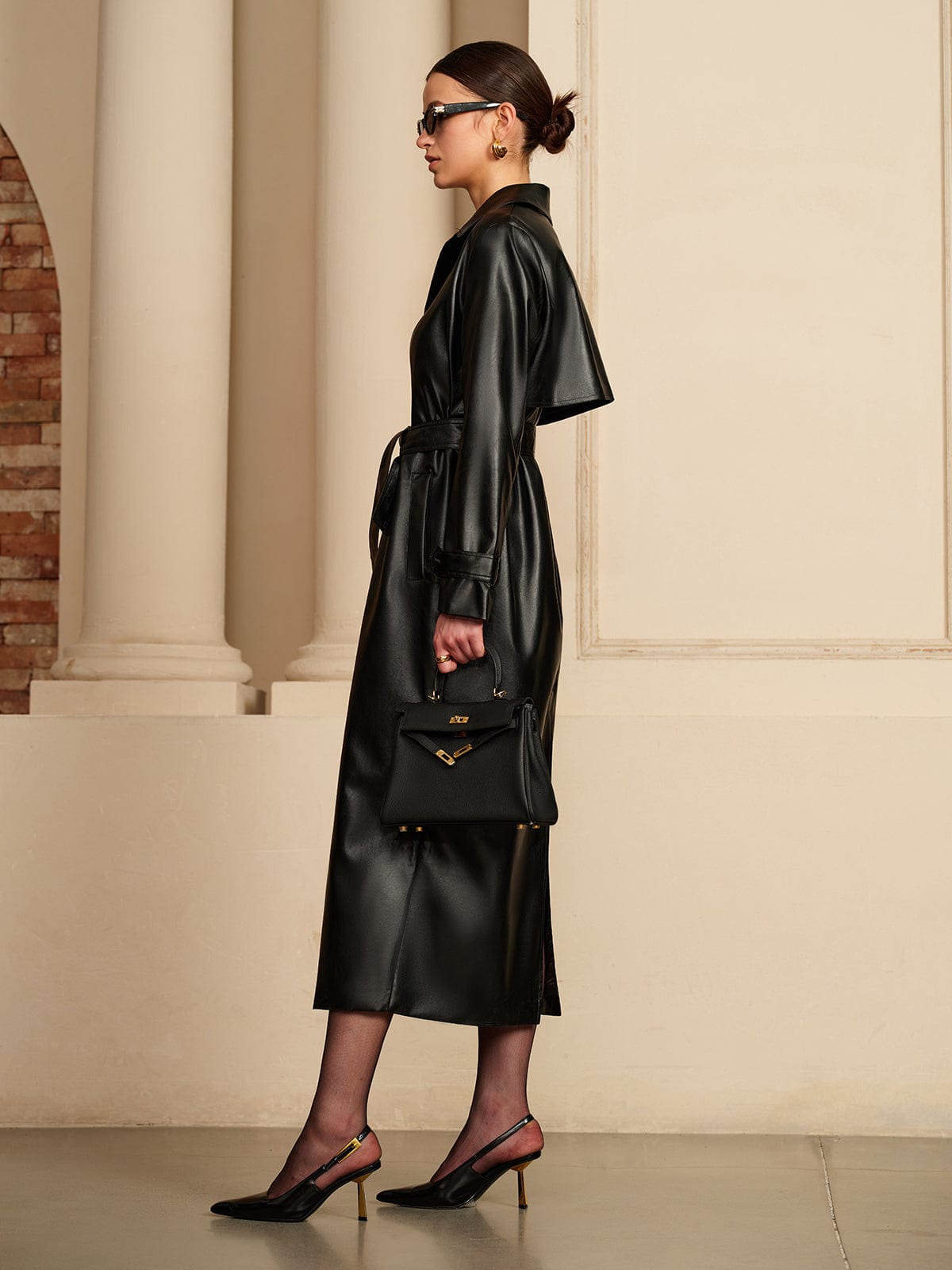 Chiq Leather Trench Coat with Belt and Button Front