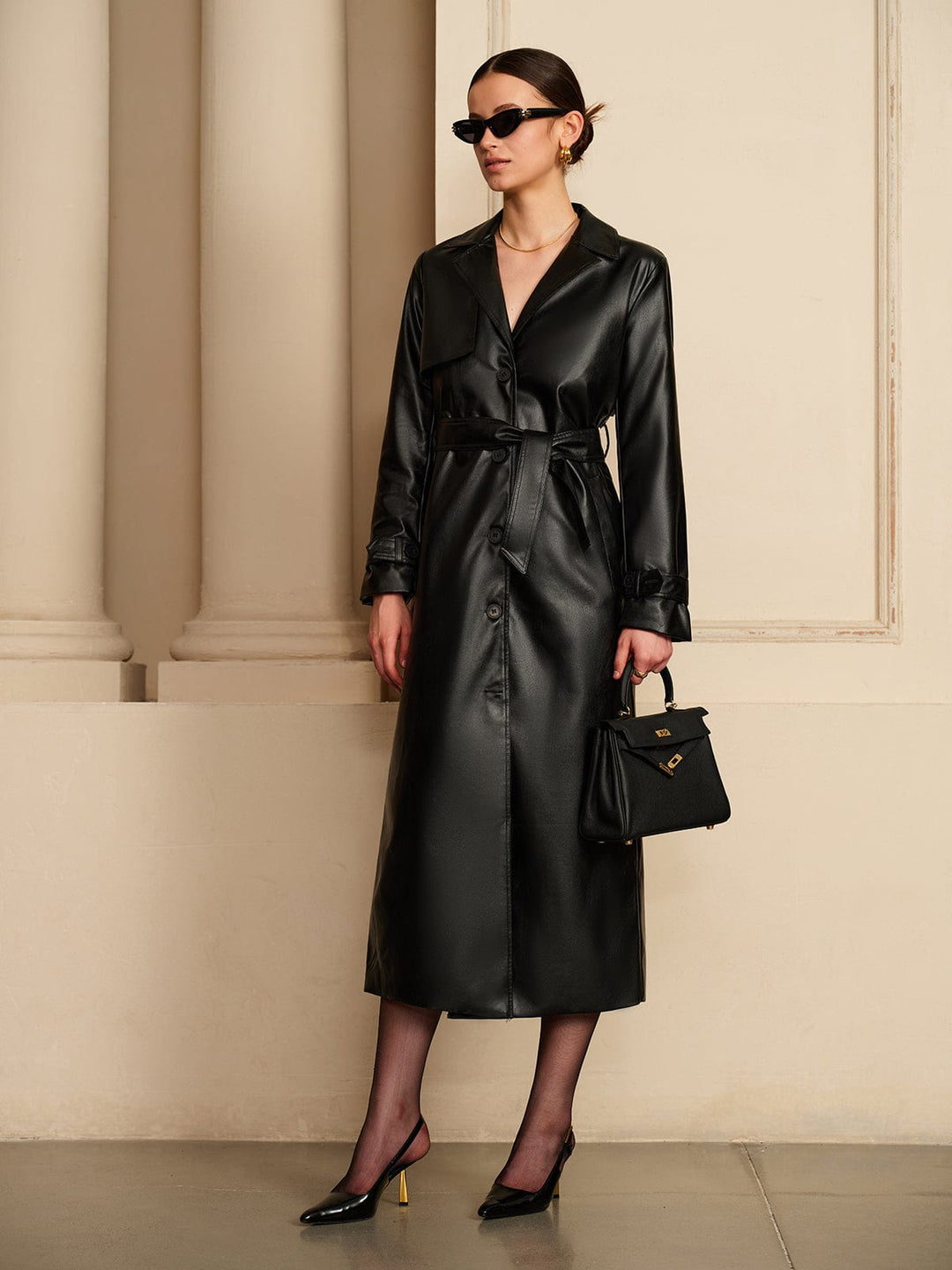 Chiq Leather Trench Coat with Belt and Button Front