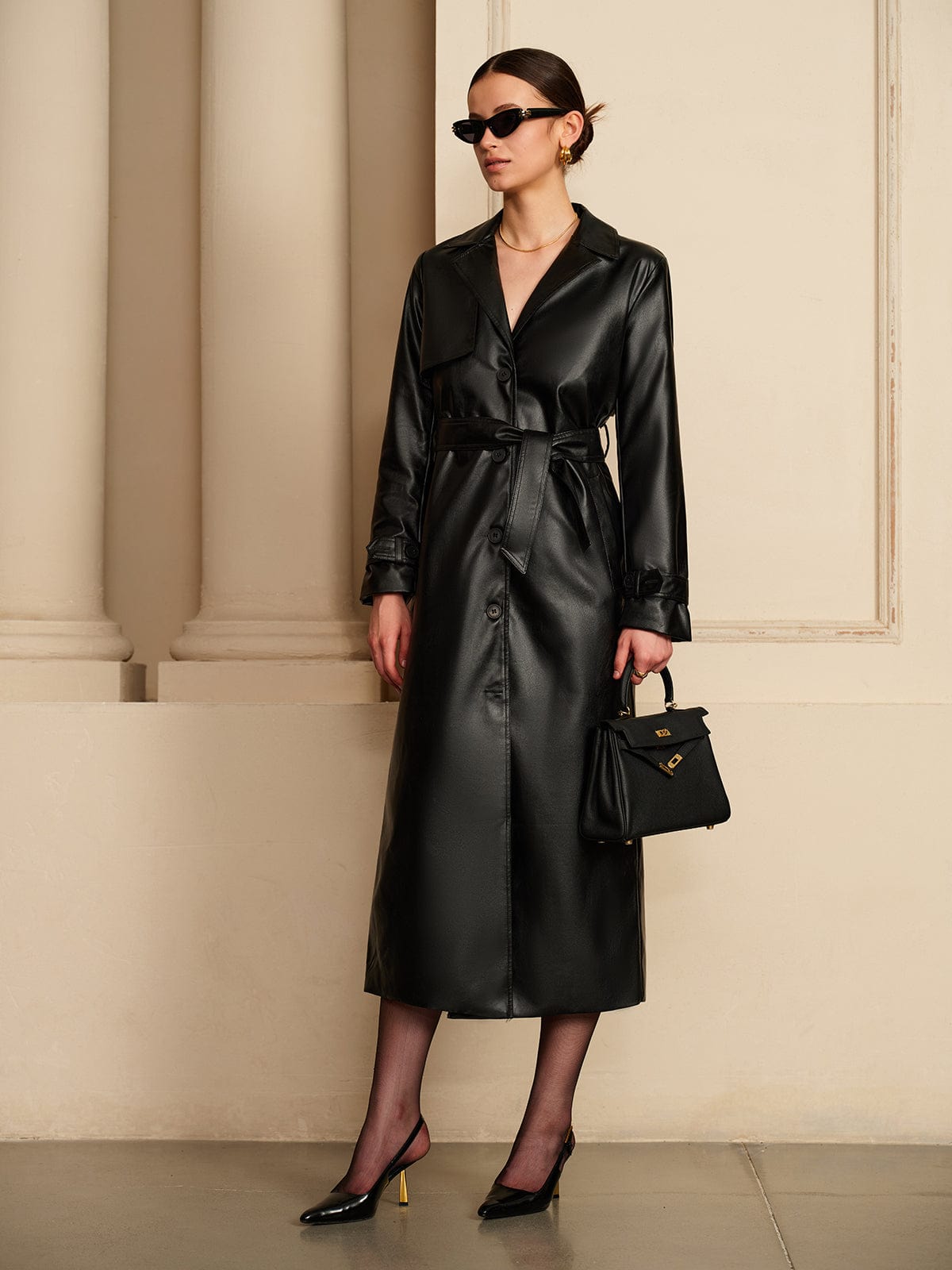 Chiq Leather Trench Coat with Belt and Button Front