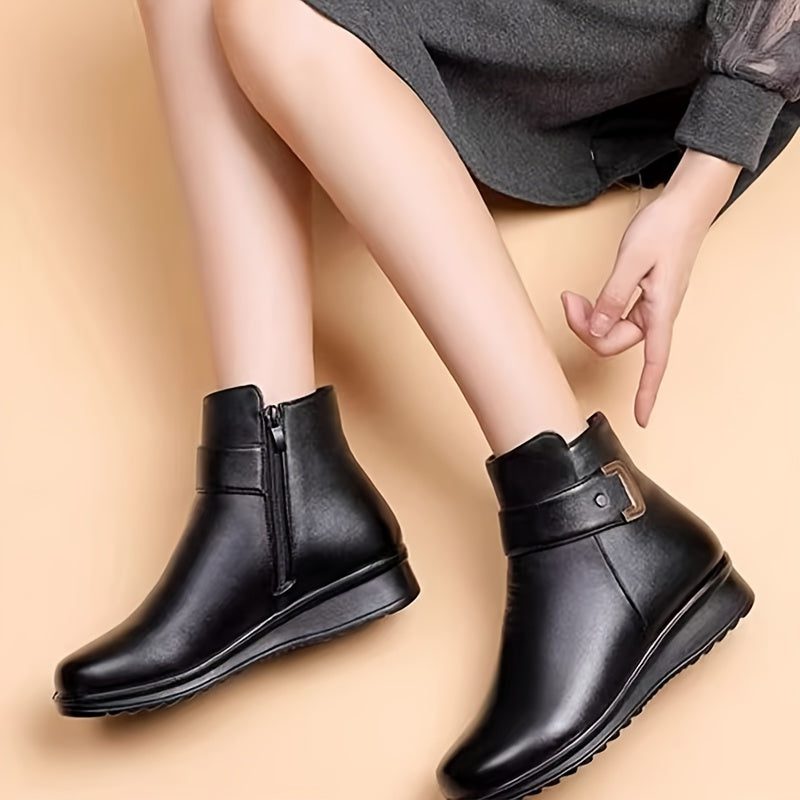 Black Leather Ankle Boots with Fleece Lining and Gold Buckle