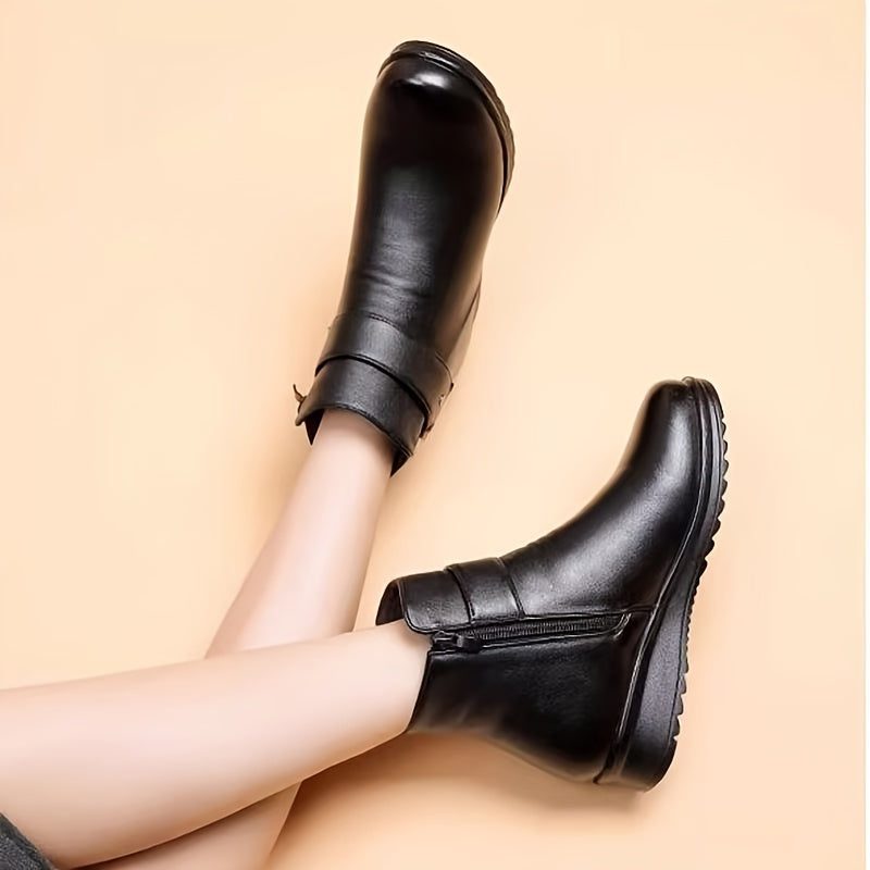 Black Leather Ankle Boots with Fleece Lining and Gold Buckle