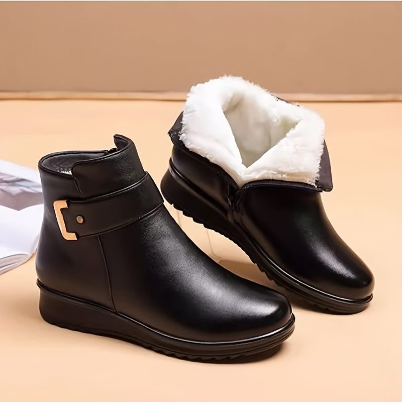 Black Leather Ankle Boots with Fleece Lining and Gold Buckle
