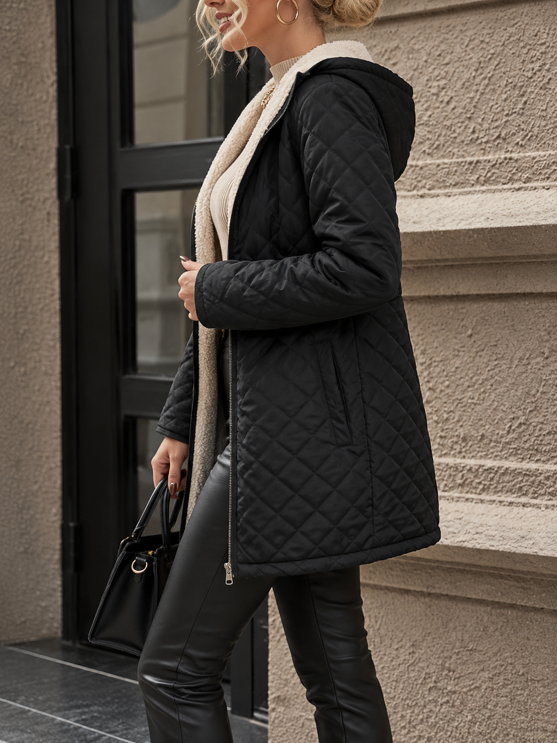 Black Long Quilted Jacket with Sherpa Lining and Hood