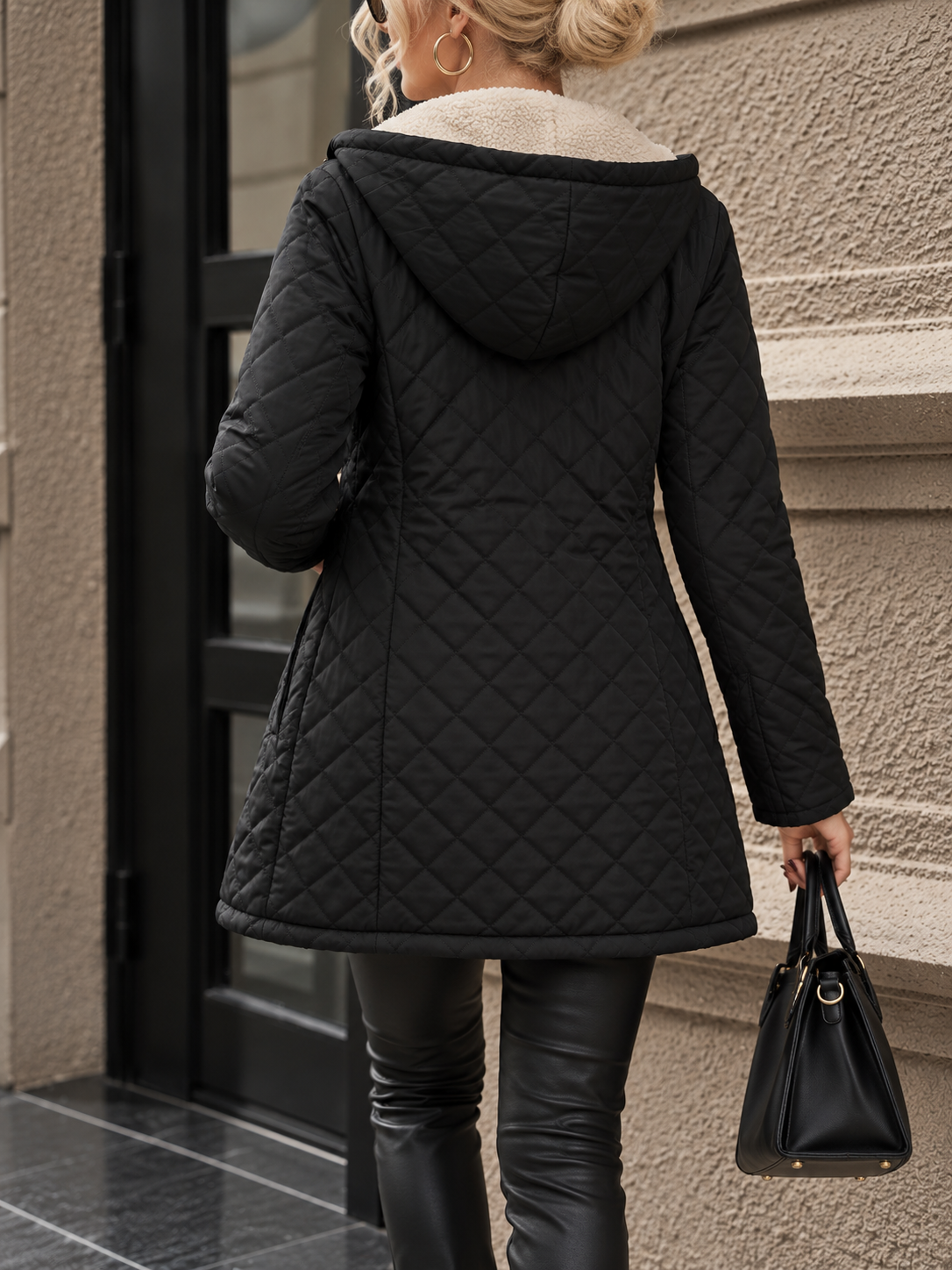 Black Long Quilted Jacket with Sherpa Lining and Hood