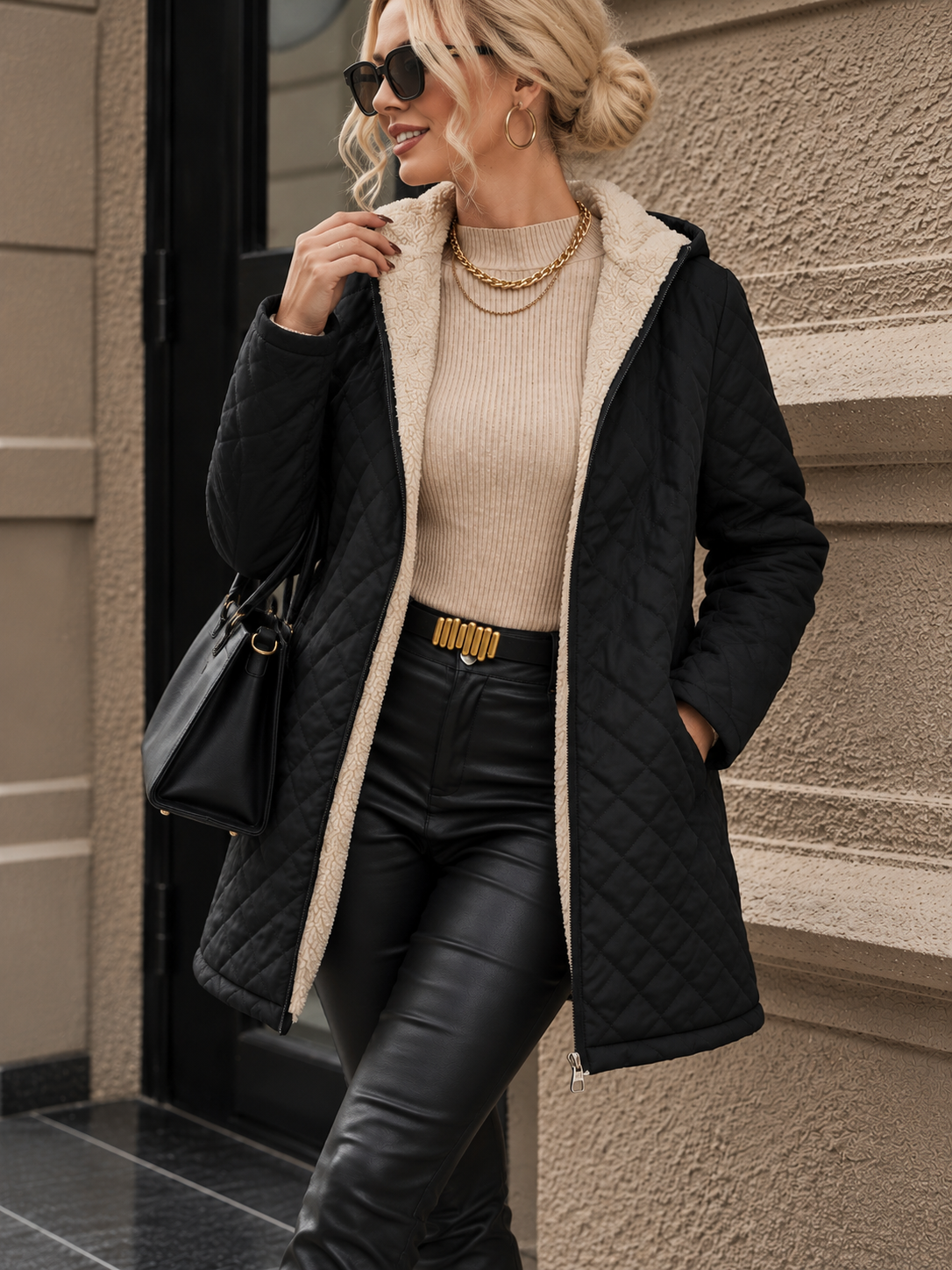 Black Long Quilted Jacket with Sherpa Lining and Hood
