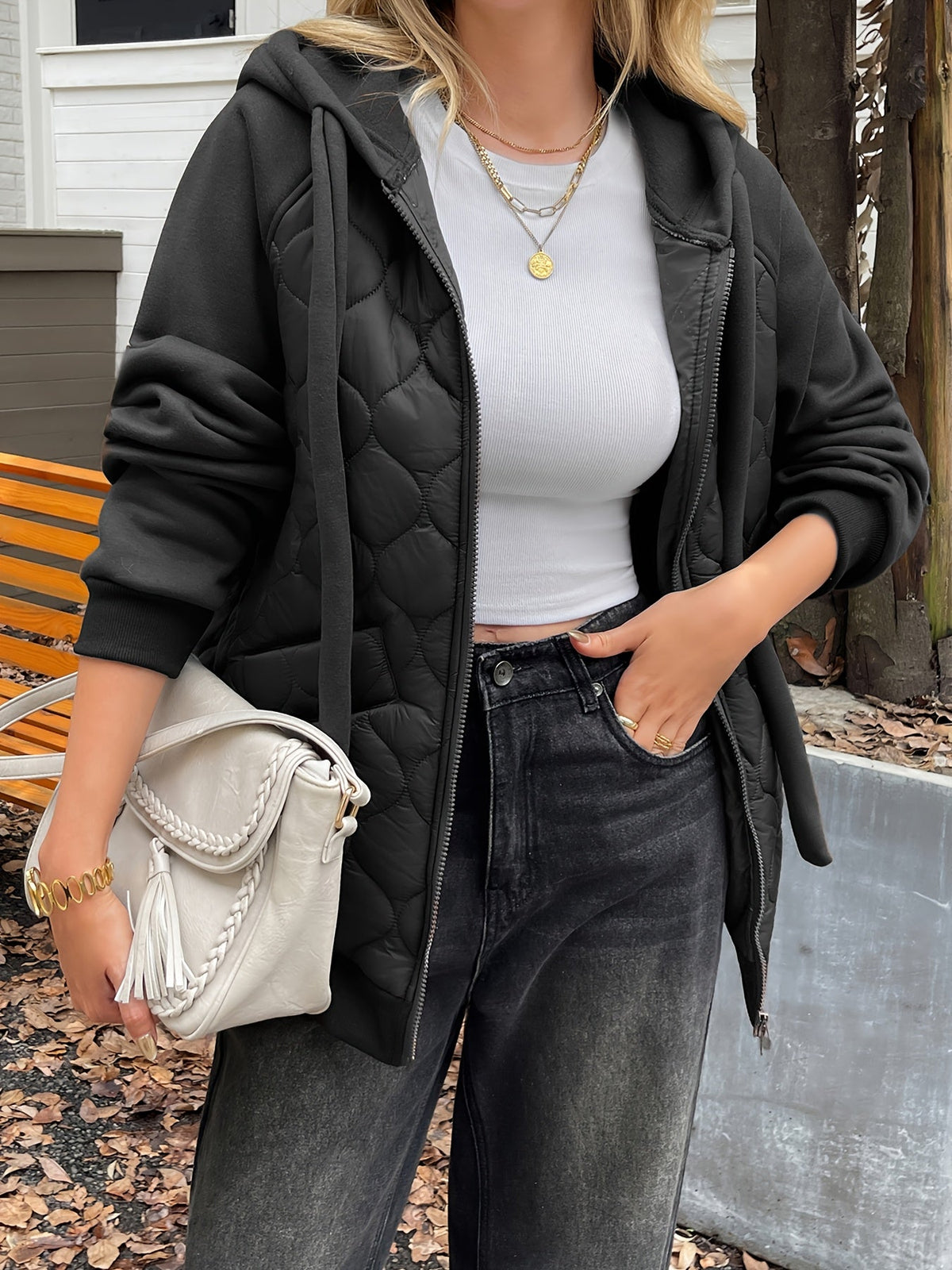 Black Quilted Hooded Jacket with Fleece Sleeves