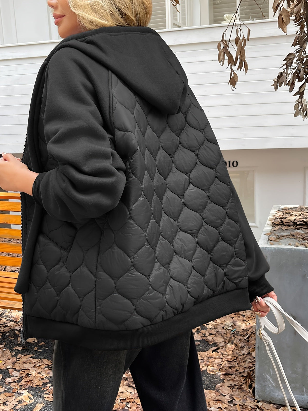 Black Quilted Hooded Jacket with Fleece Sleeves