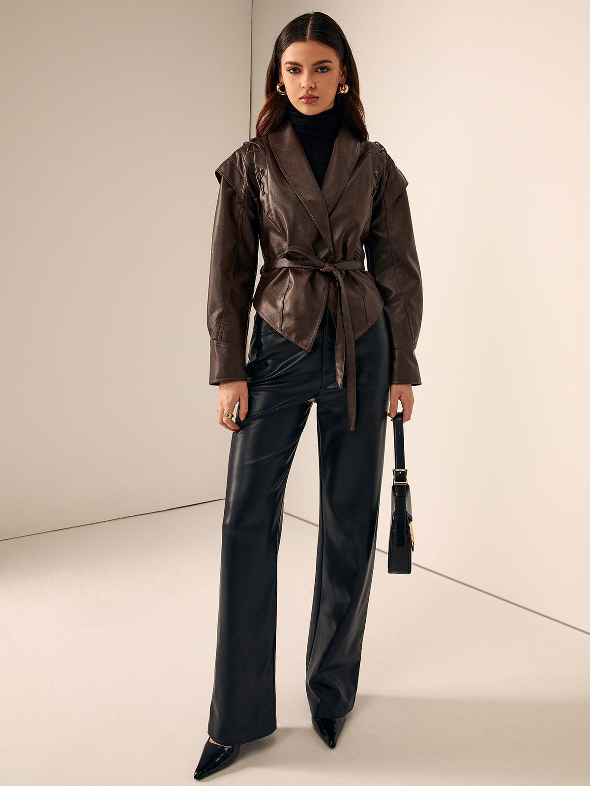 Brown Belted Leather Jacket with Lace-Up Detail