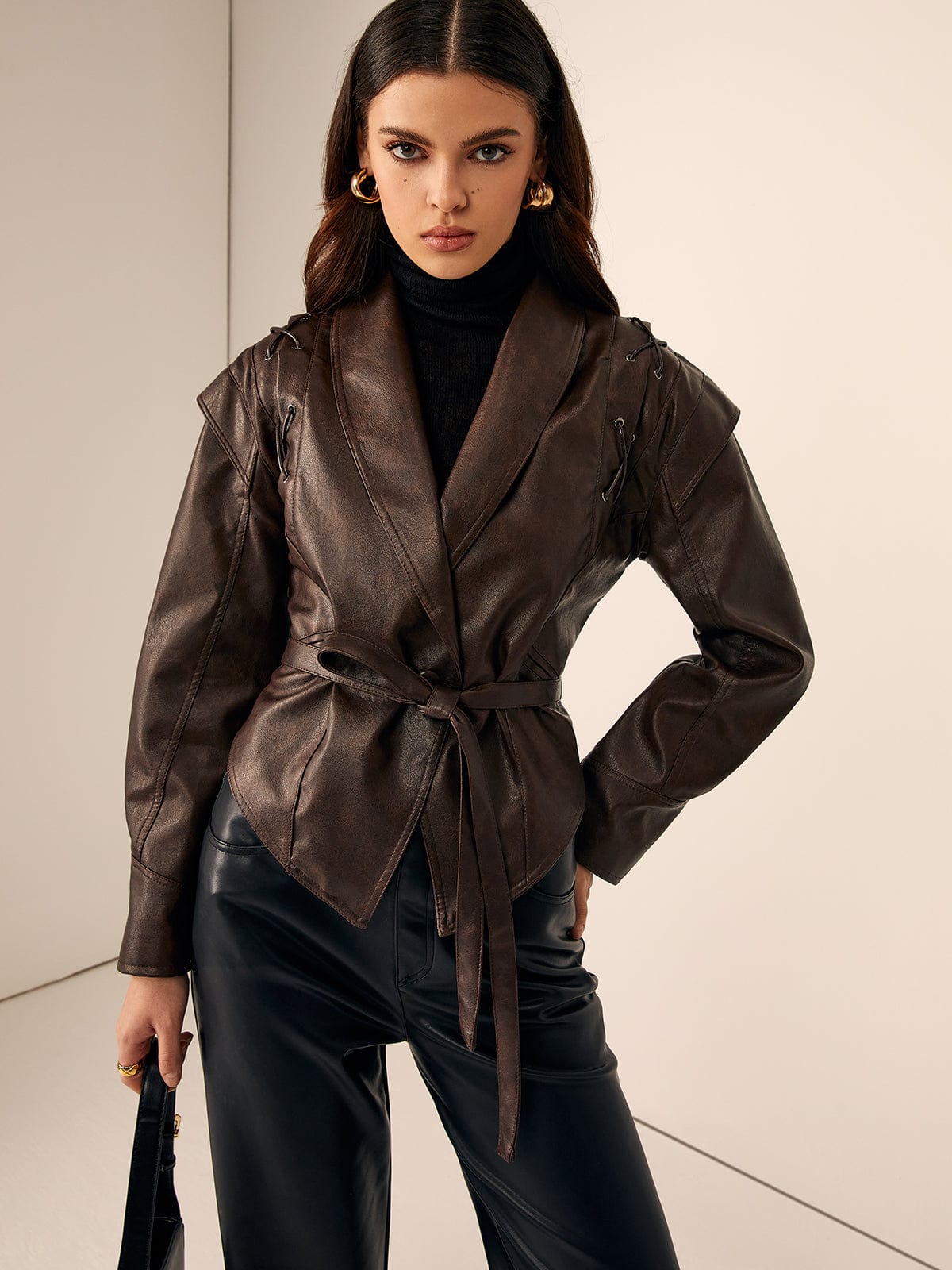 Brown Belted Leather Jacket with Lace-Up Detail
