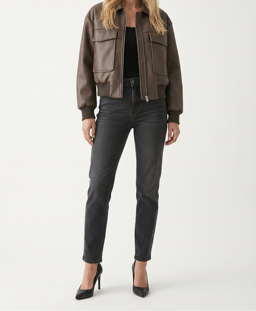 Brown Cropped Leather Bomber Jacket with Chest Pockets
