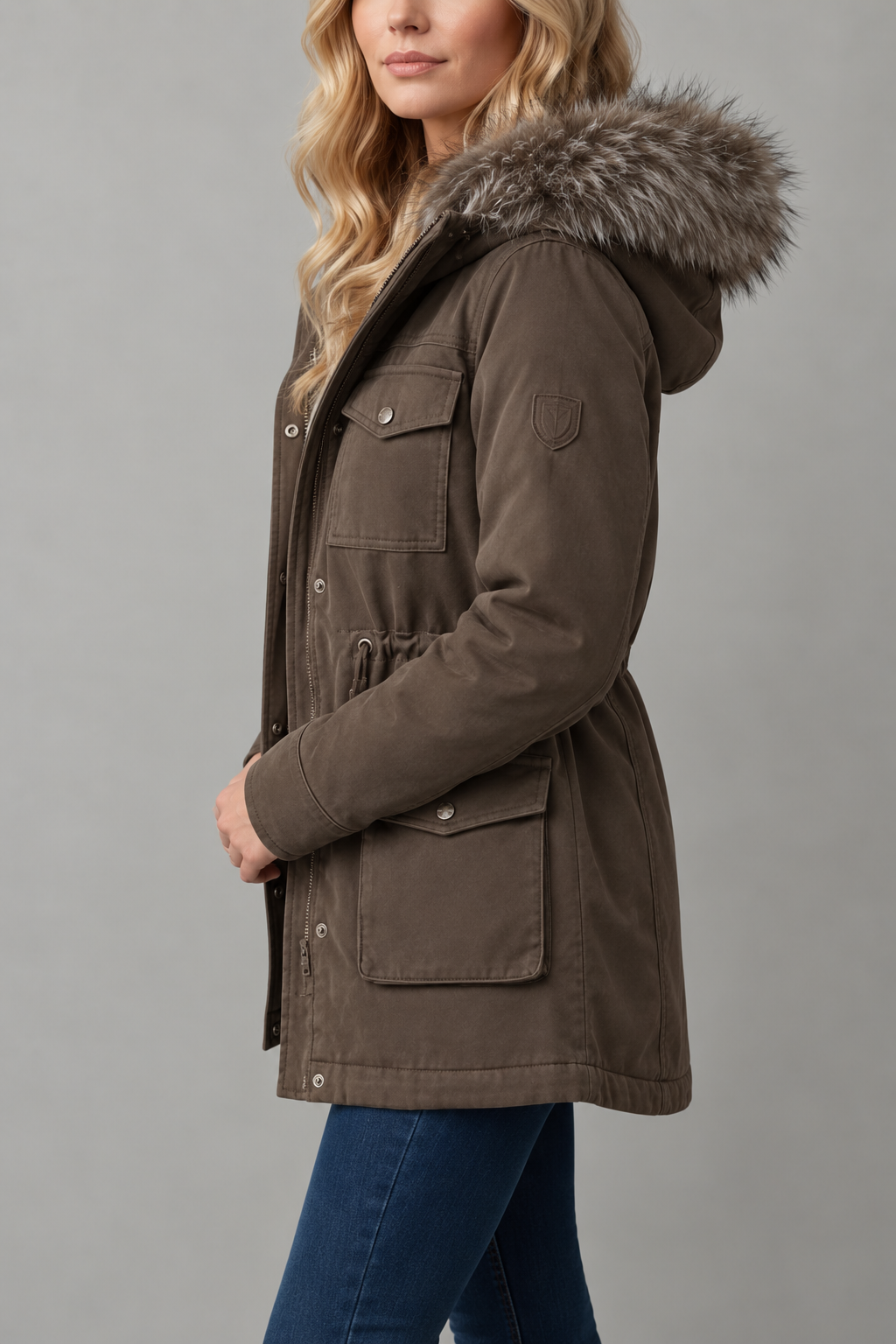 Brown Hooded Parka with Fur Trim Hood and Flap Pockets
