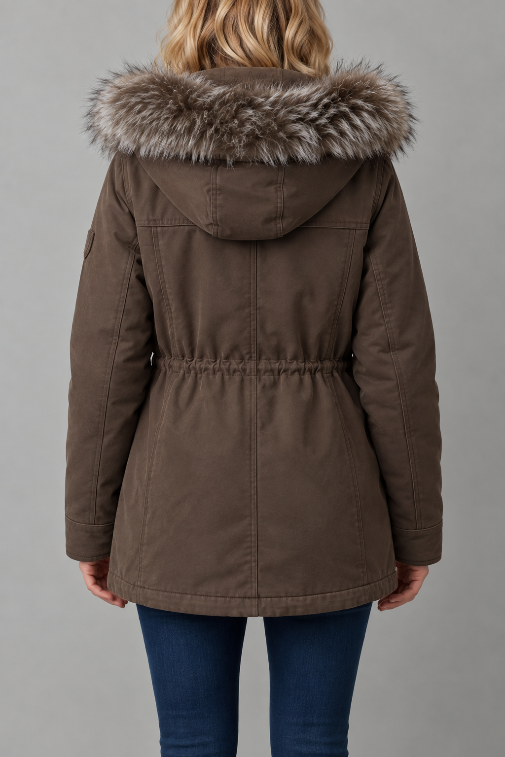 Brown Hooded Parka with Fur Trim Hood and Flap Pockets