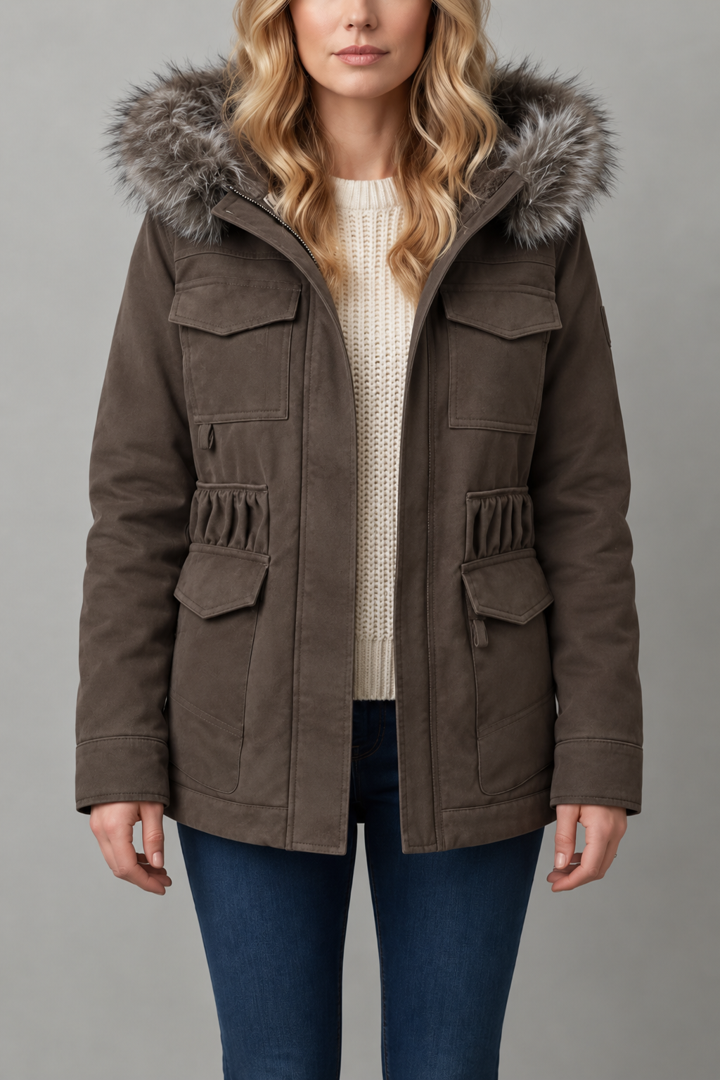 Brown Hooded Parka with Fur Trim Hood and Flap Pockets