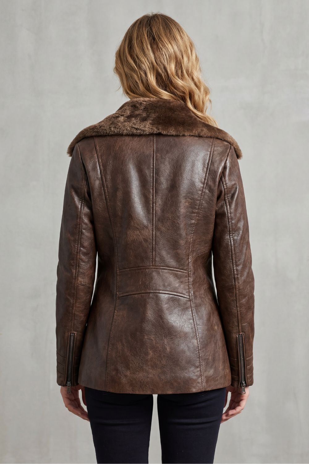 Brown Leather Jacket with Shearling Collar and Warm Lining