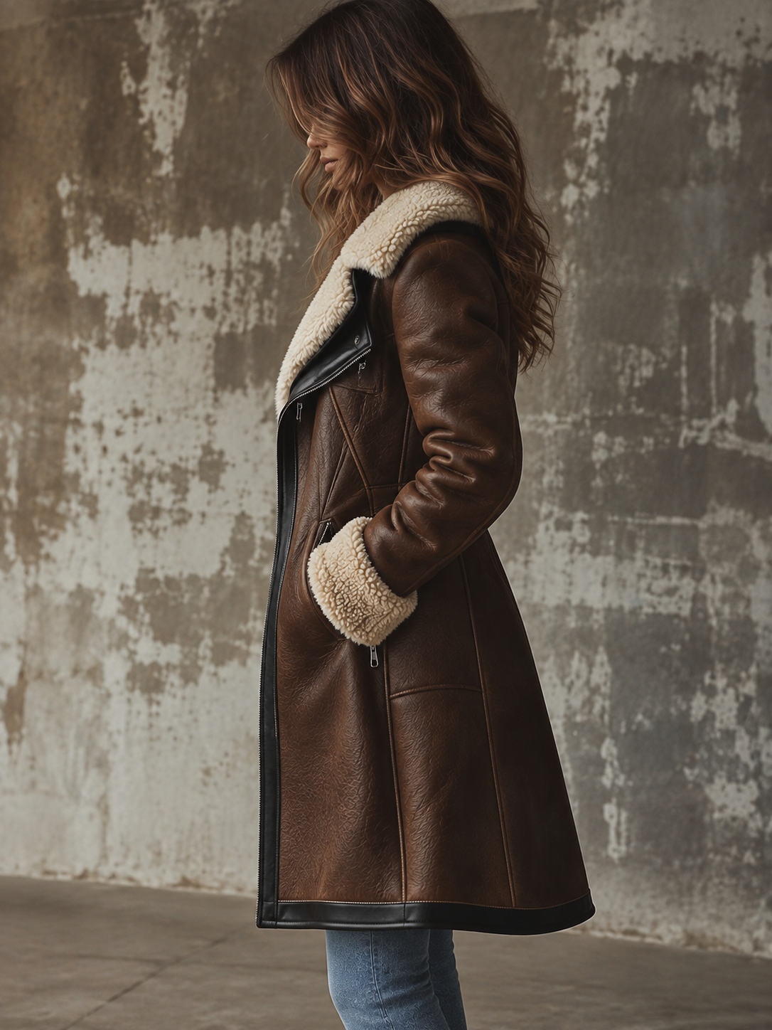 Brown Leather Jacket with Sherpa Collar and Fleece Lining