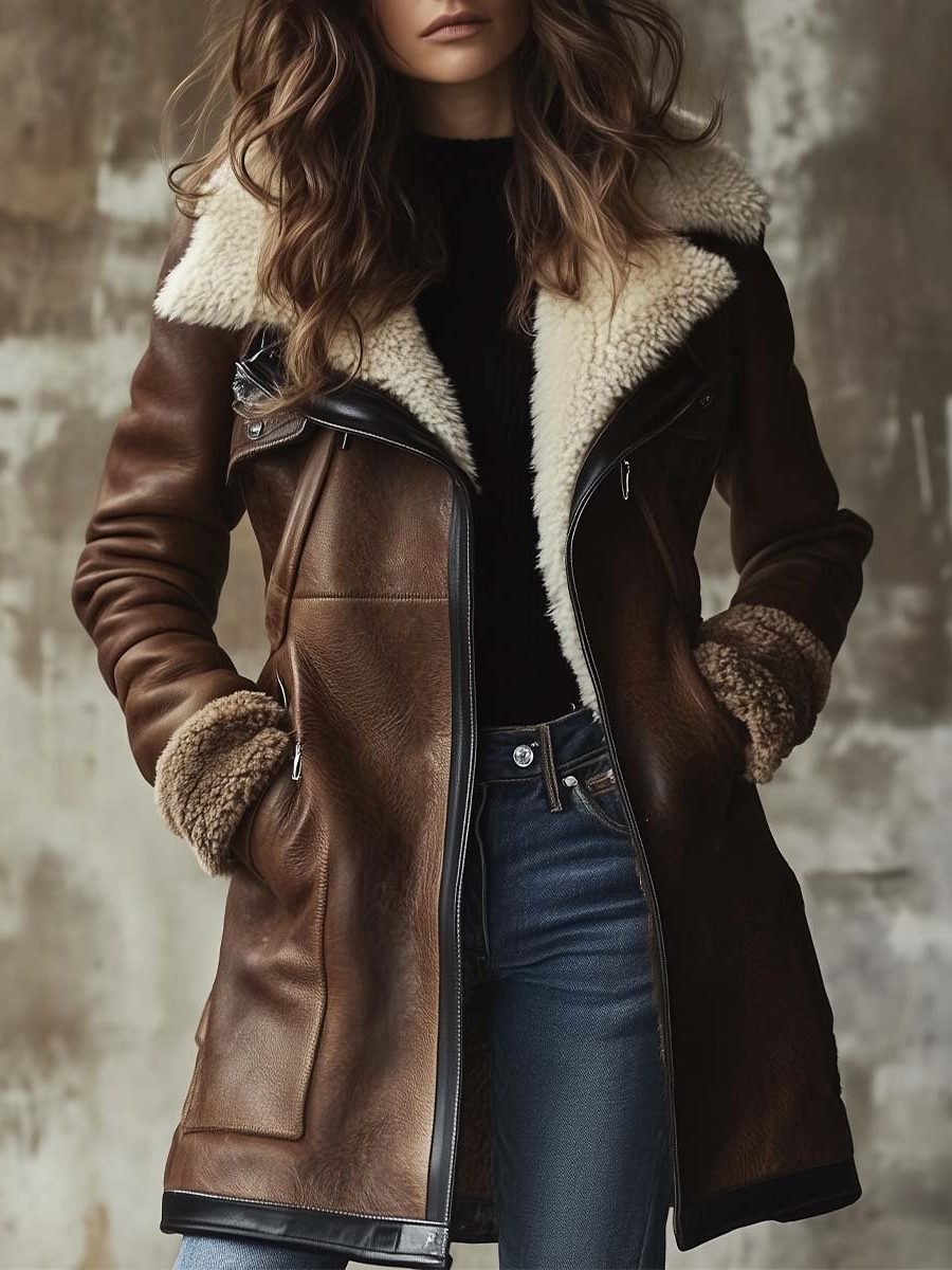 Brown Leather Jacket with Sherpa Collar and Fleece Lining