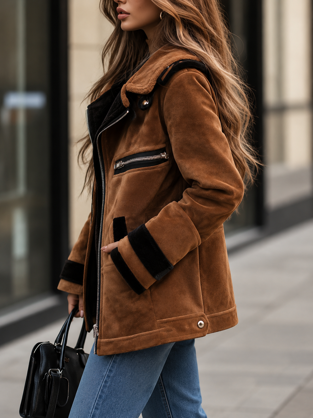 Brown Suede Aviator Jacket with Shearling Collar and Silver Zips