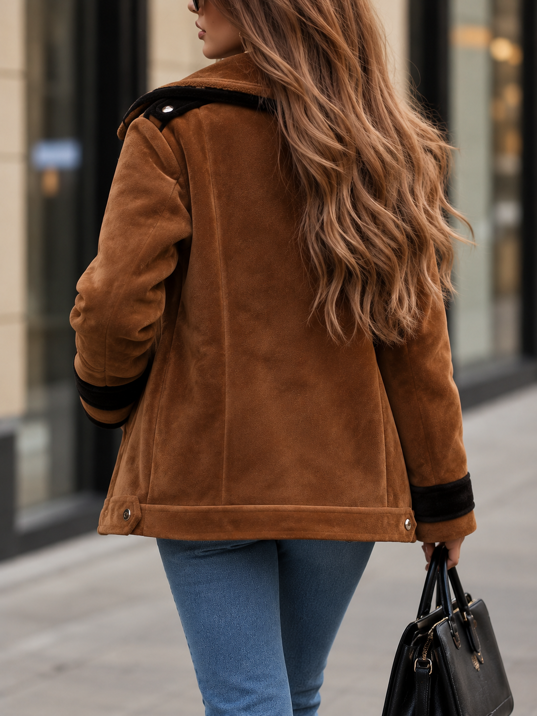 Brown Suede Aviator Jacket with Shearling Collar and Silver Zips