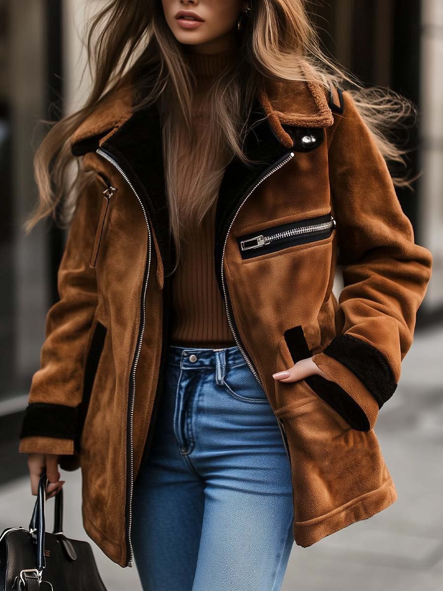 Brown Suede Aviator Jacket with Shearling Collar and Silver Zips