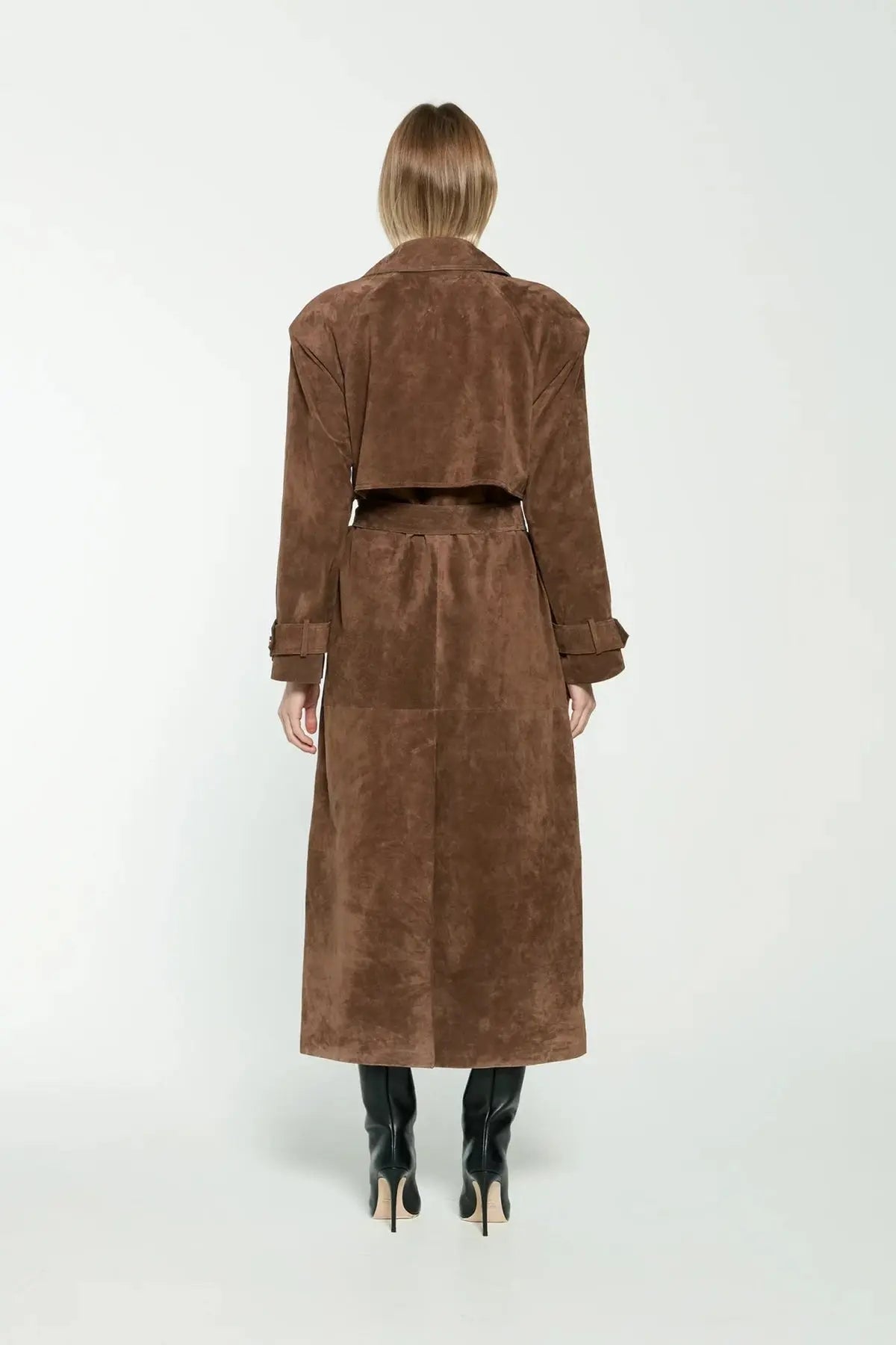 Brown Suede Double Breasted Long Trench Coat with Belt