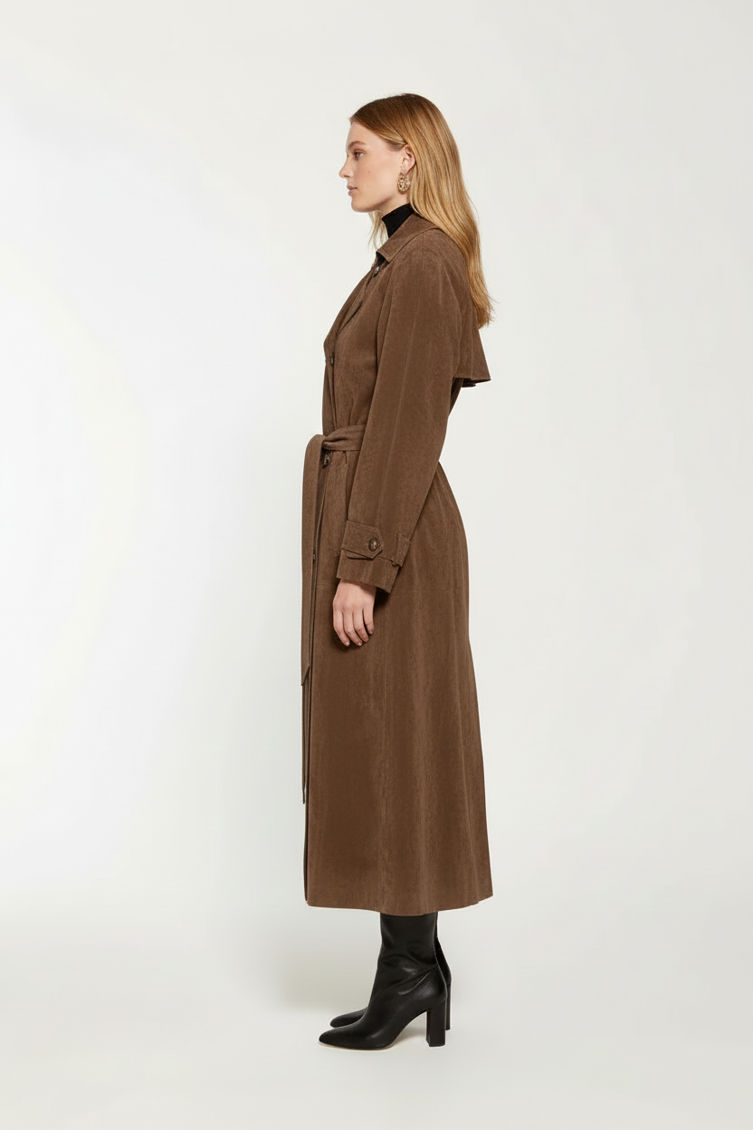 Brown Suede Double Breasted Long Trench Coat with Belt