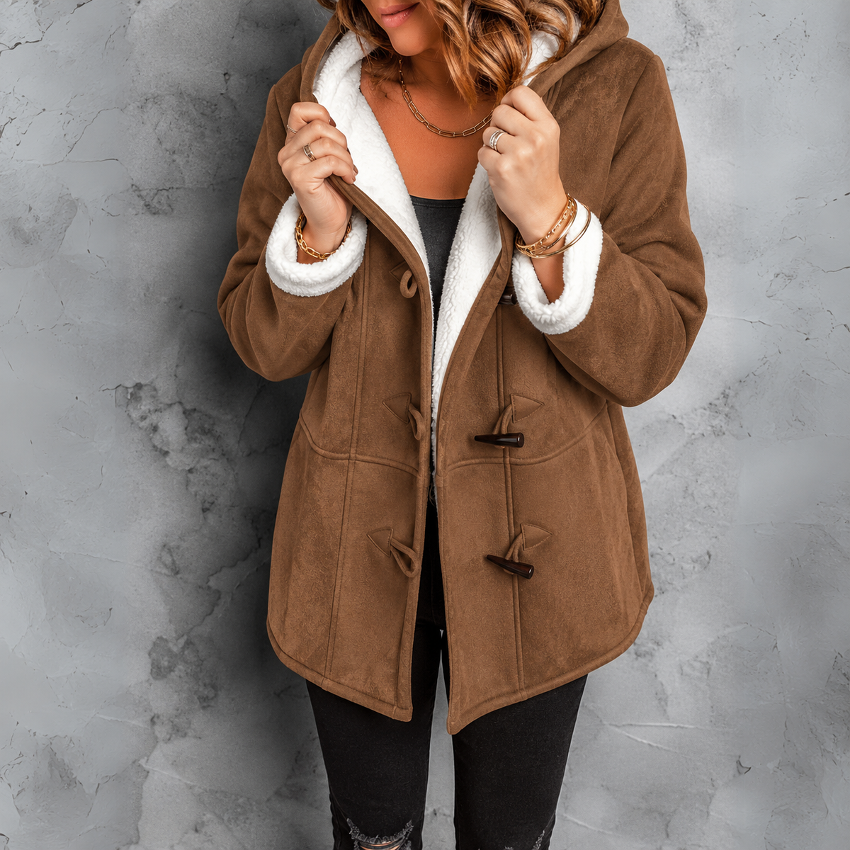 Cosy Hooded Sherpa Lined Jacket with Toggle Closure