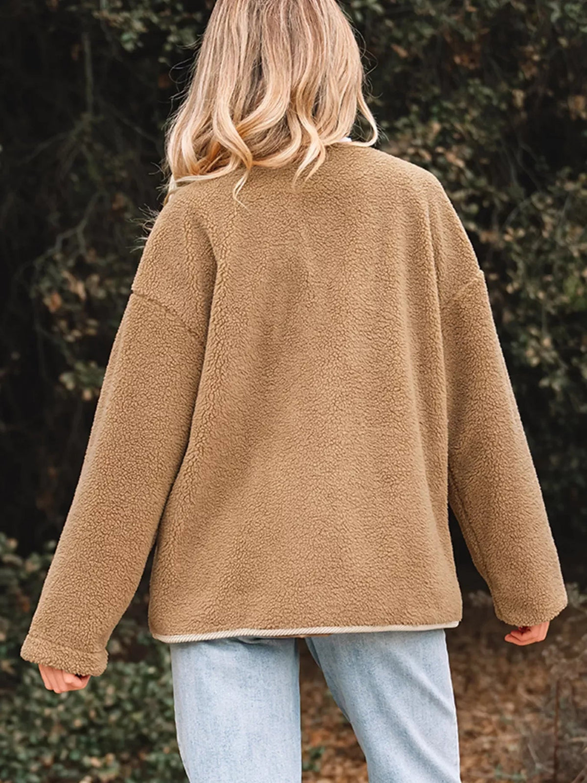 Camel Plush Teddy Jacket with Contrast Corduroy Trim