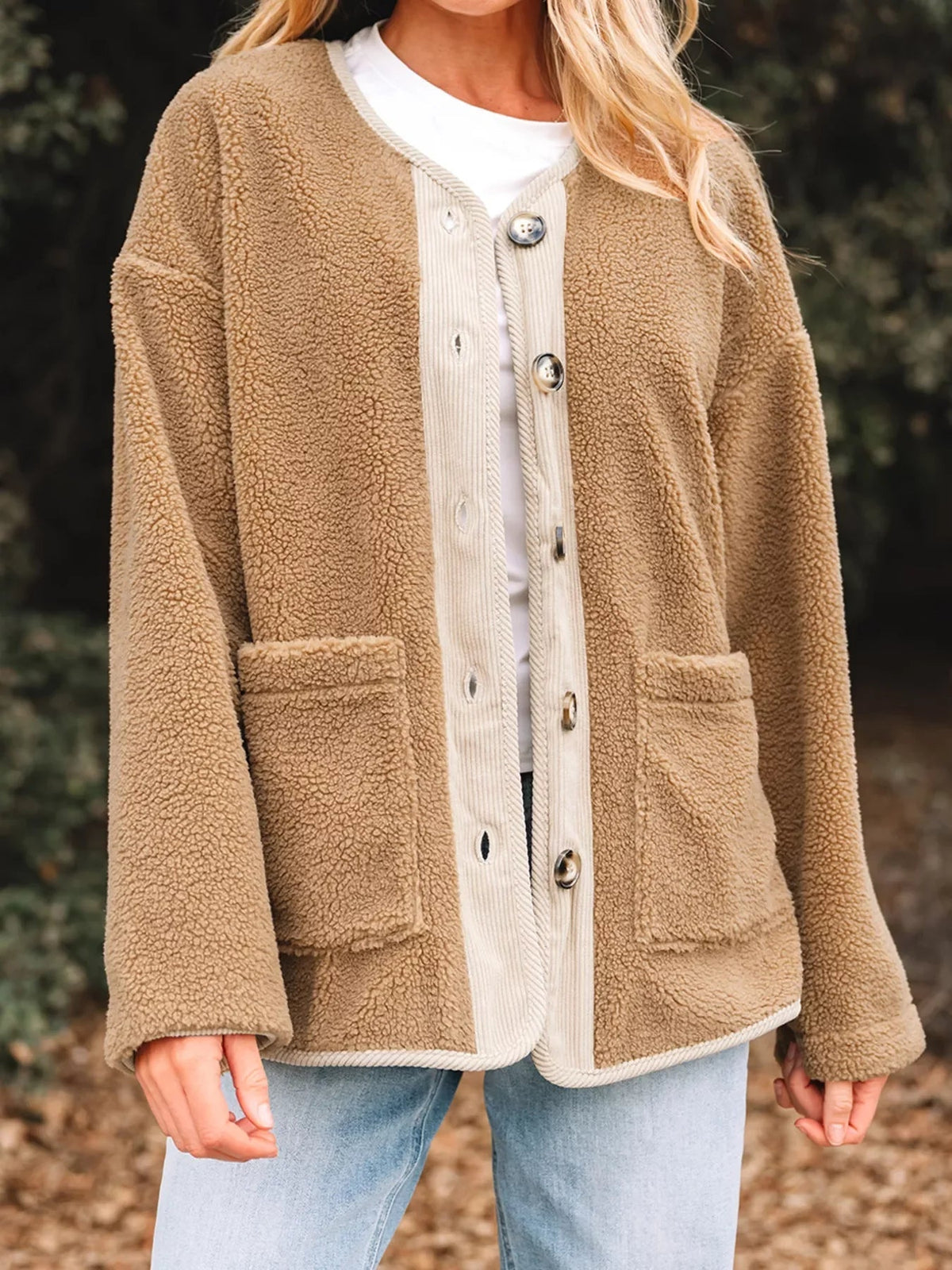 Camel Plush Teddy Jacket with Contrast Corduroy Trim