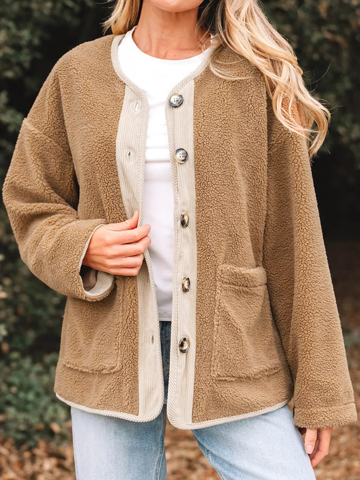 Camel Plush Teddy Jacket with Contrast Corduroy Trim