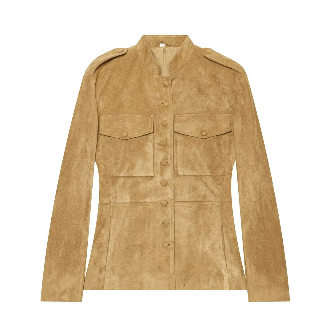 Caramel Suede Military Jacket with Stand Collar and Epaulettes