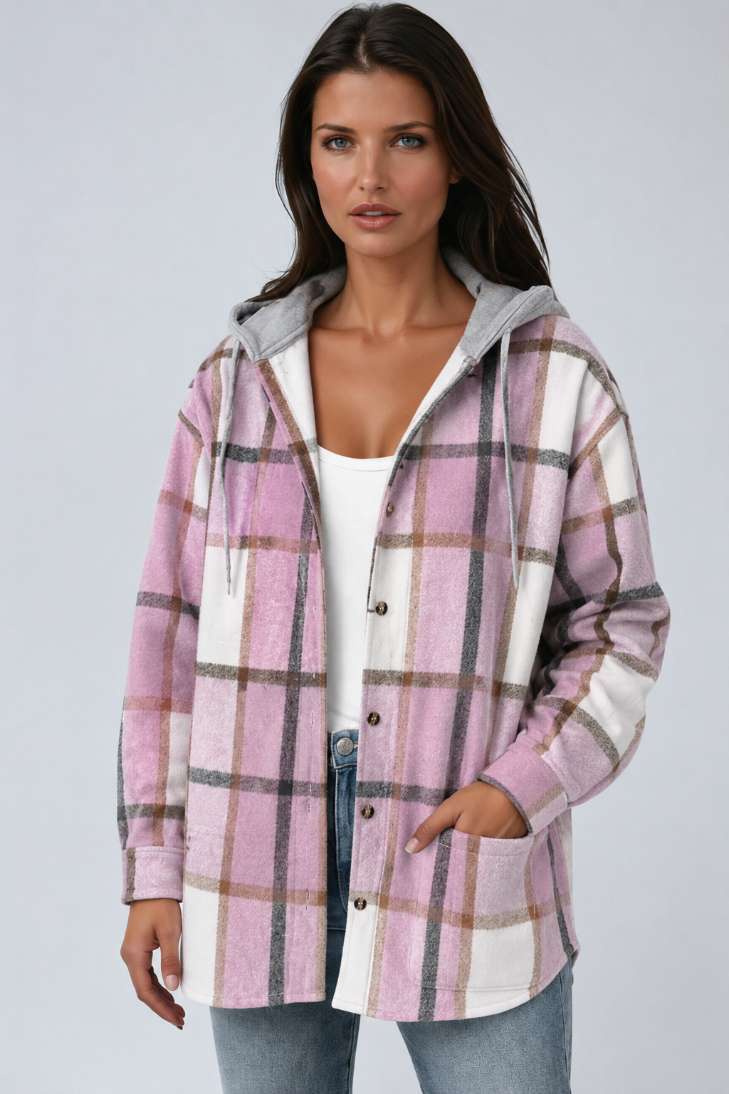 Oversized Plaid Shacket with Hood and Snap Buttons