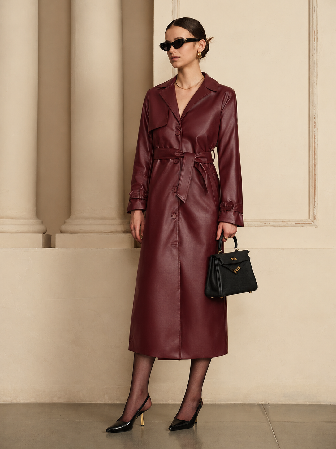 Chiq Leather Trench Coat with Belt and Button Front