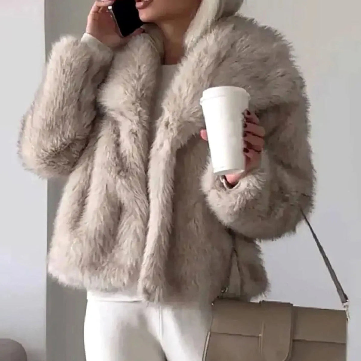 Chic Cropped Open-Front Fur Jacket with Wide Lapels